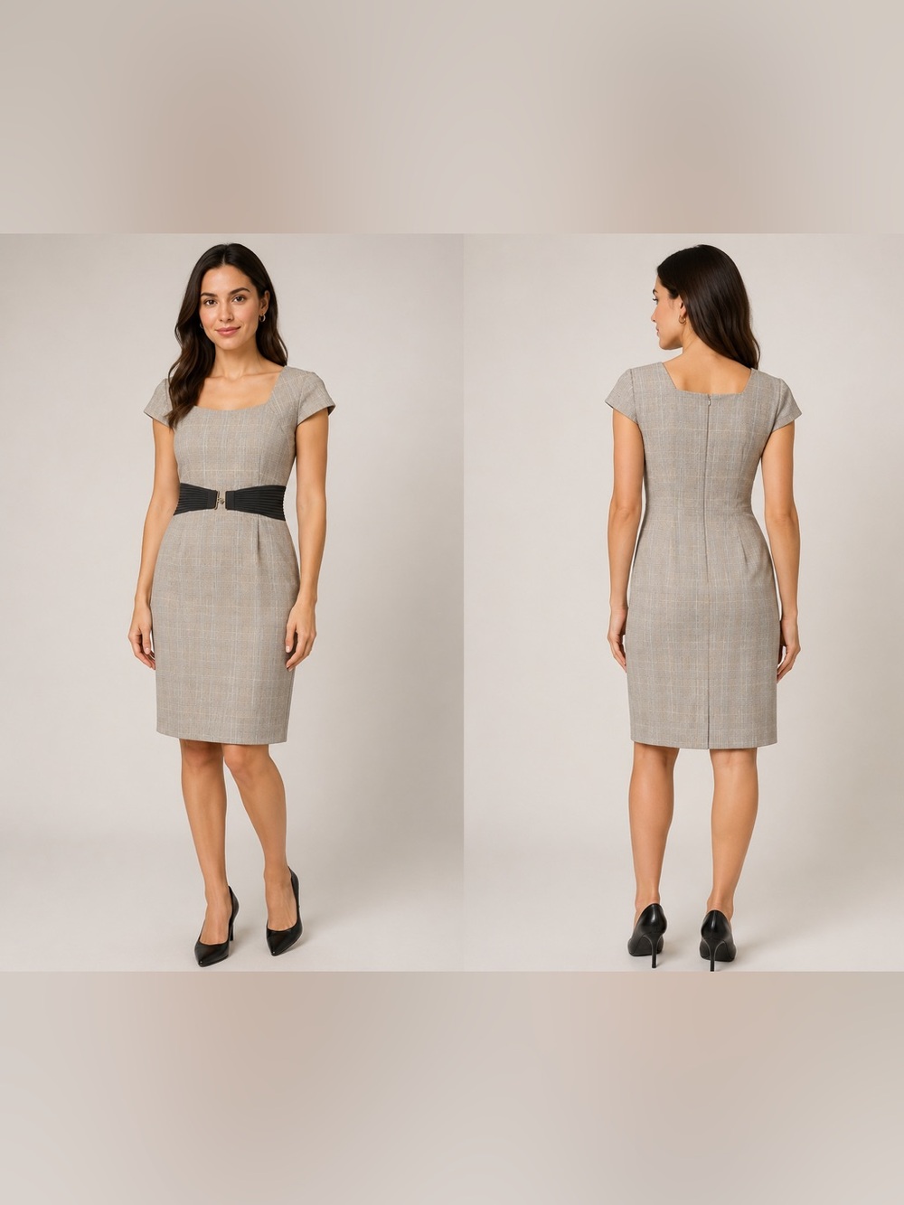 Tahari ASL Tan Plaid Sheath Dress with Black Waist Band NWT Size 12